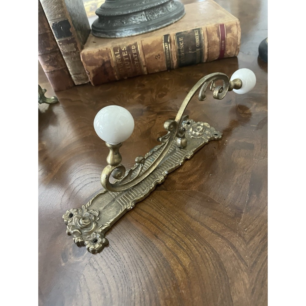 Vtg  Victorian Brass Double Wall Mounted Coat Hat Hook Porcelain Ball Finials